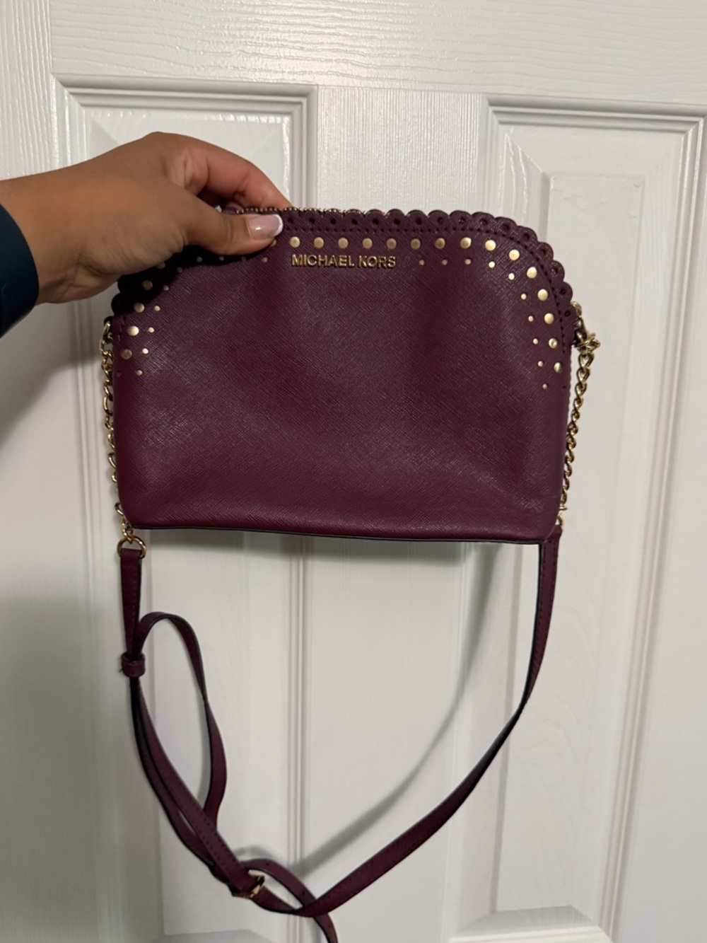 Michael Kors Plum Leather Crossbody with Gold Stud Accents